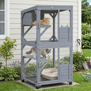 PawHut Wooden Outdoor Catio on Exercise Wheels Indoor Outdoor