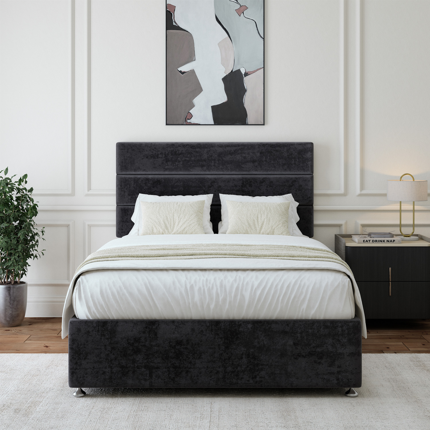 Luxury Velvet Divan Base With Storage And Lined Headboard - Colour Options - Black King 55kg