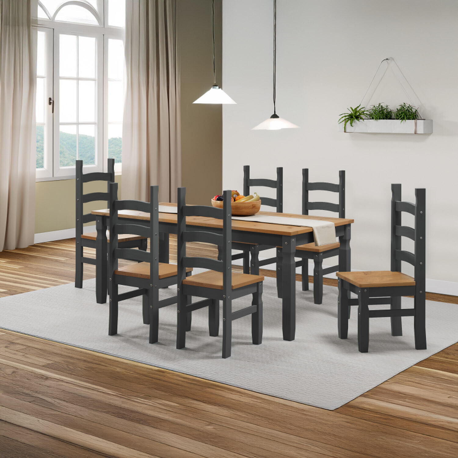 Corona 6ft Dining Table 6 Chairs Set Solid Wood Mexican Pine Wooden 6'0" Large - Charcoal