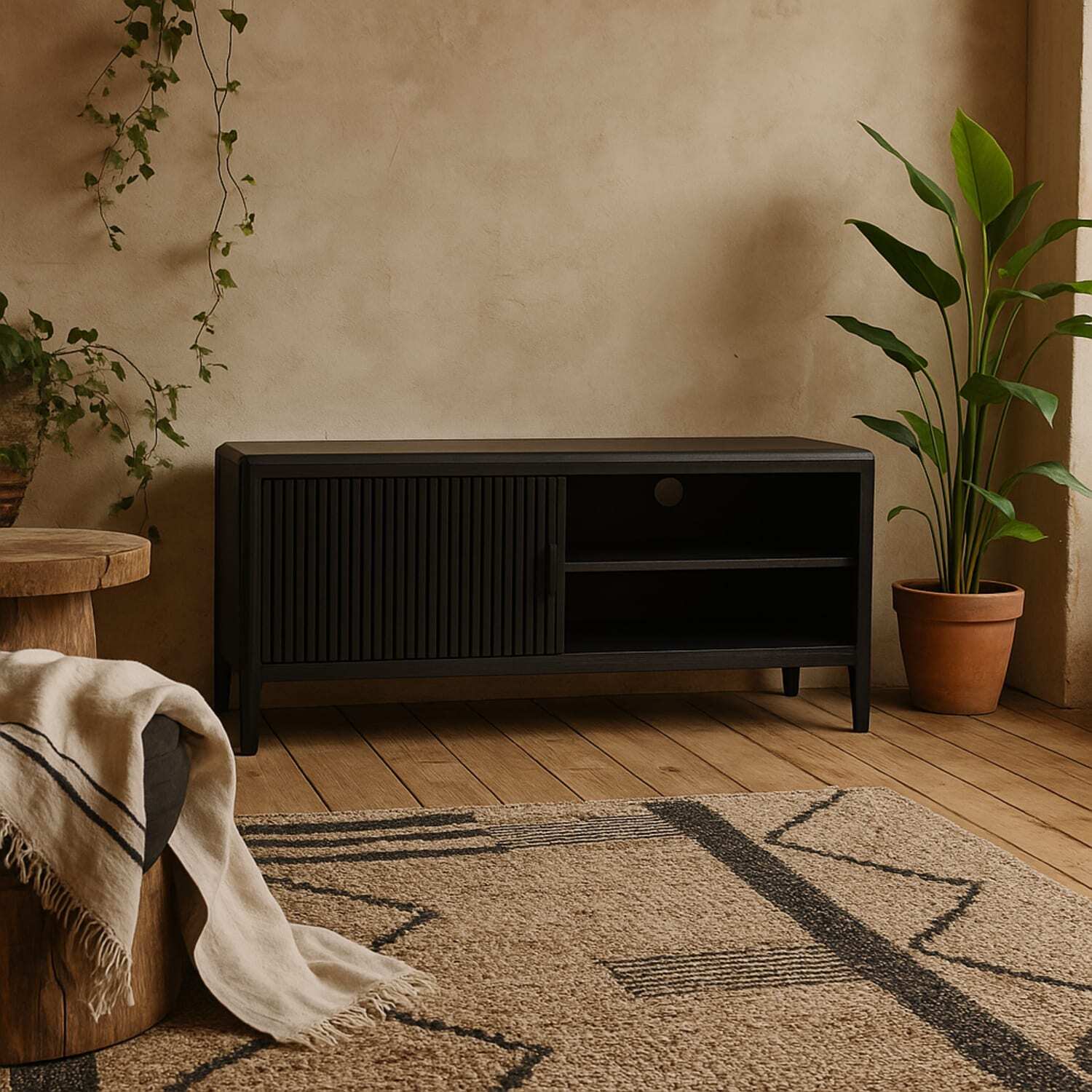 Wyld Haus Goiania Ribbed Tv Unit Compact 1 Door Media Console - Black