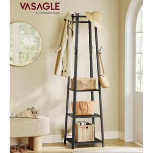Coat Stand, Coat Rack with 8 Double Hooks, 4 Shelves, Clothes Rails