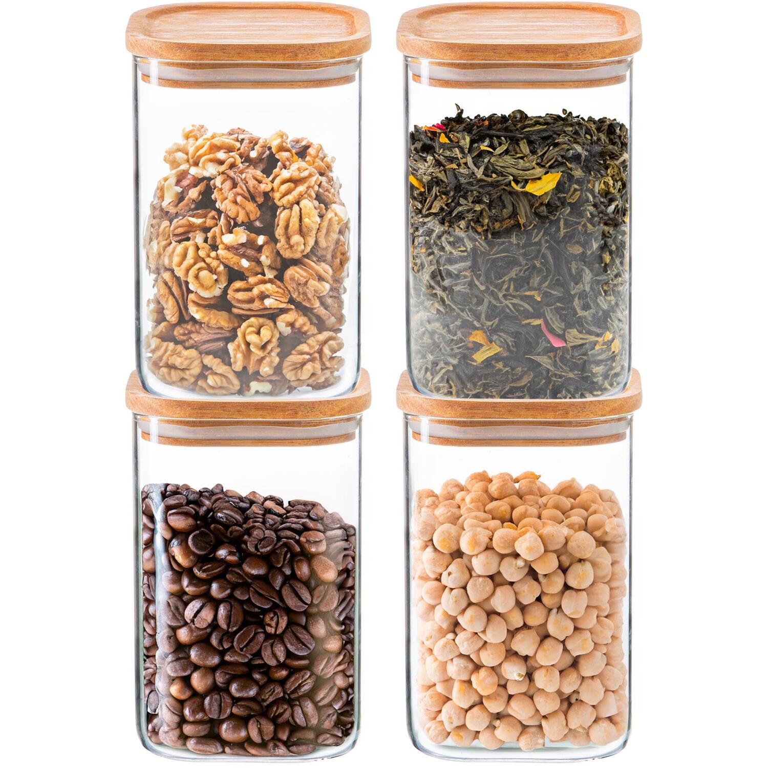 Argon Tableware Clear Square Glass Storage Jars With Airtight Wooden Lids - 1100Ml - 4 Pack - Modern Kitchen Container Preserving Jars For Pickling, Chutney, Jam, Coffee, Olives, Sugar, Spices - Image 3