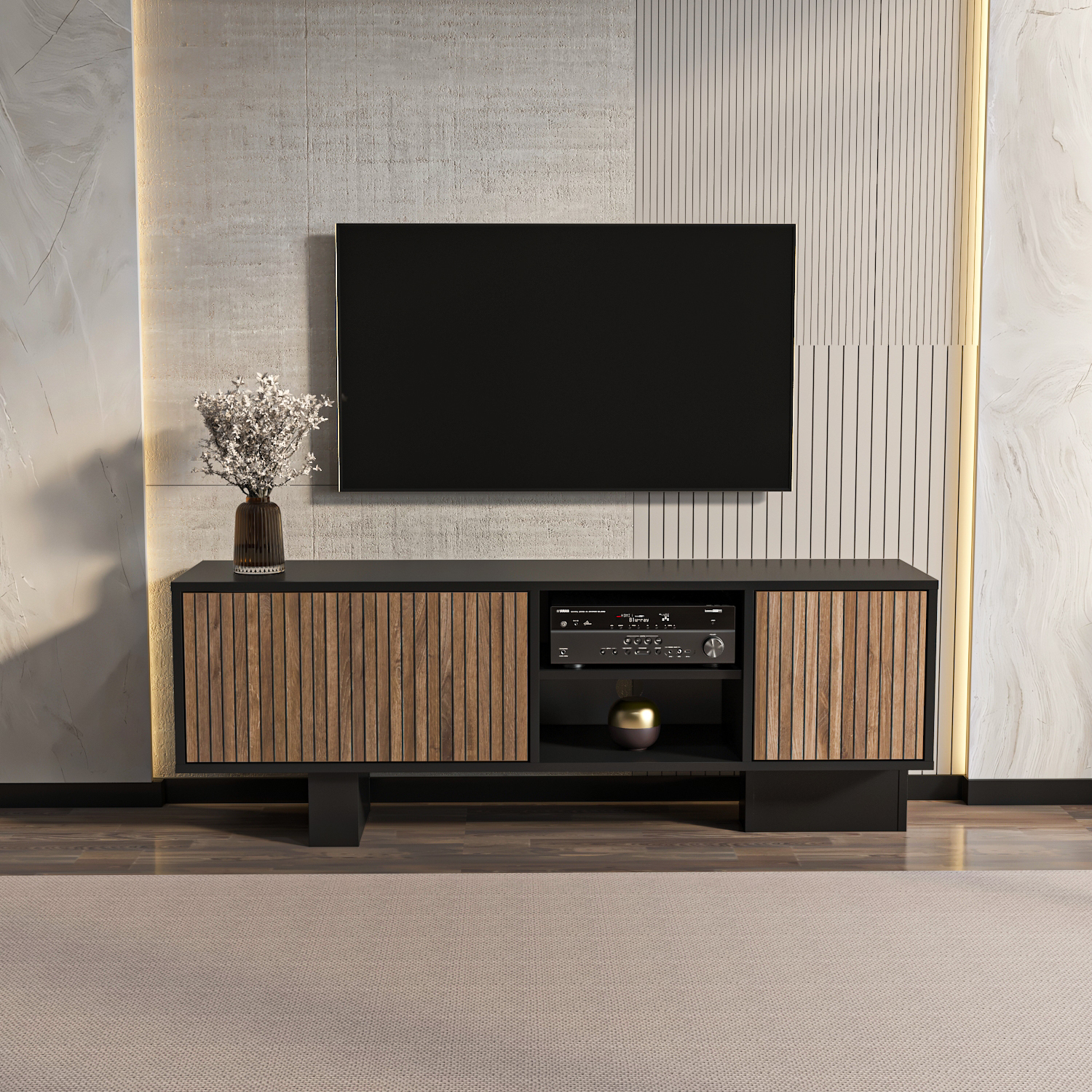 Decorotika - Monaco TV Unit - 2 Door 2 Shelf - Black - 54 x 150 x 35cm - Image 2