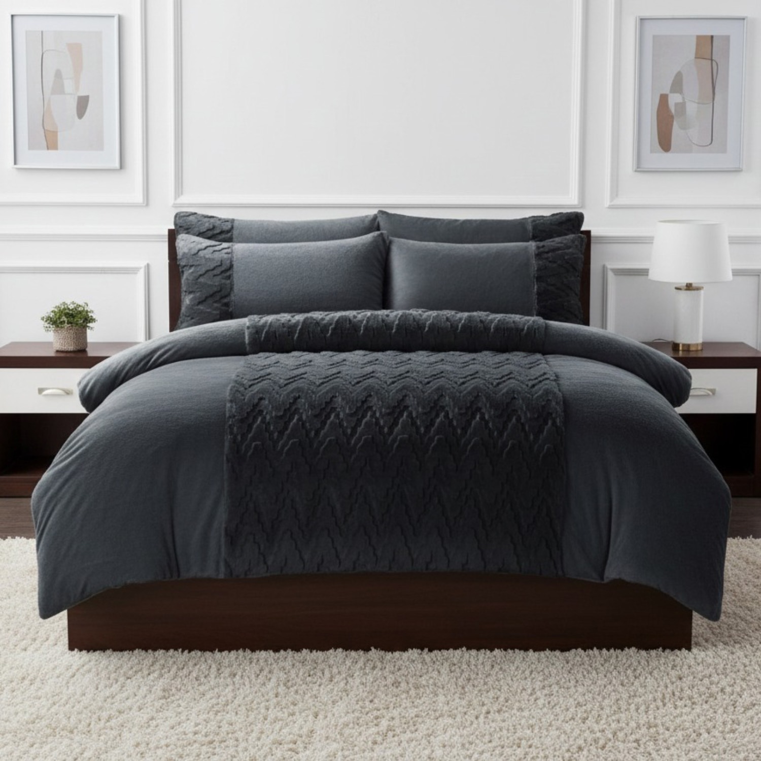 Zig Zag 3D Teddy Duvet Cover Set Ultra Soft Teddy Fleece Bedding with Pillowcases - Charcoal / Single