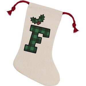 Green Tartan Alphabet Letter F Stocking - Novelty Xmas Gift - Linen-Style With Red Drawstring Ties