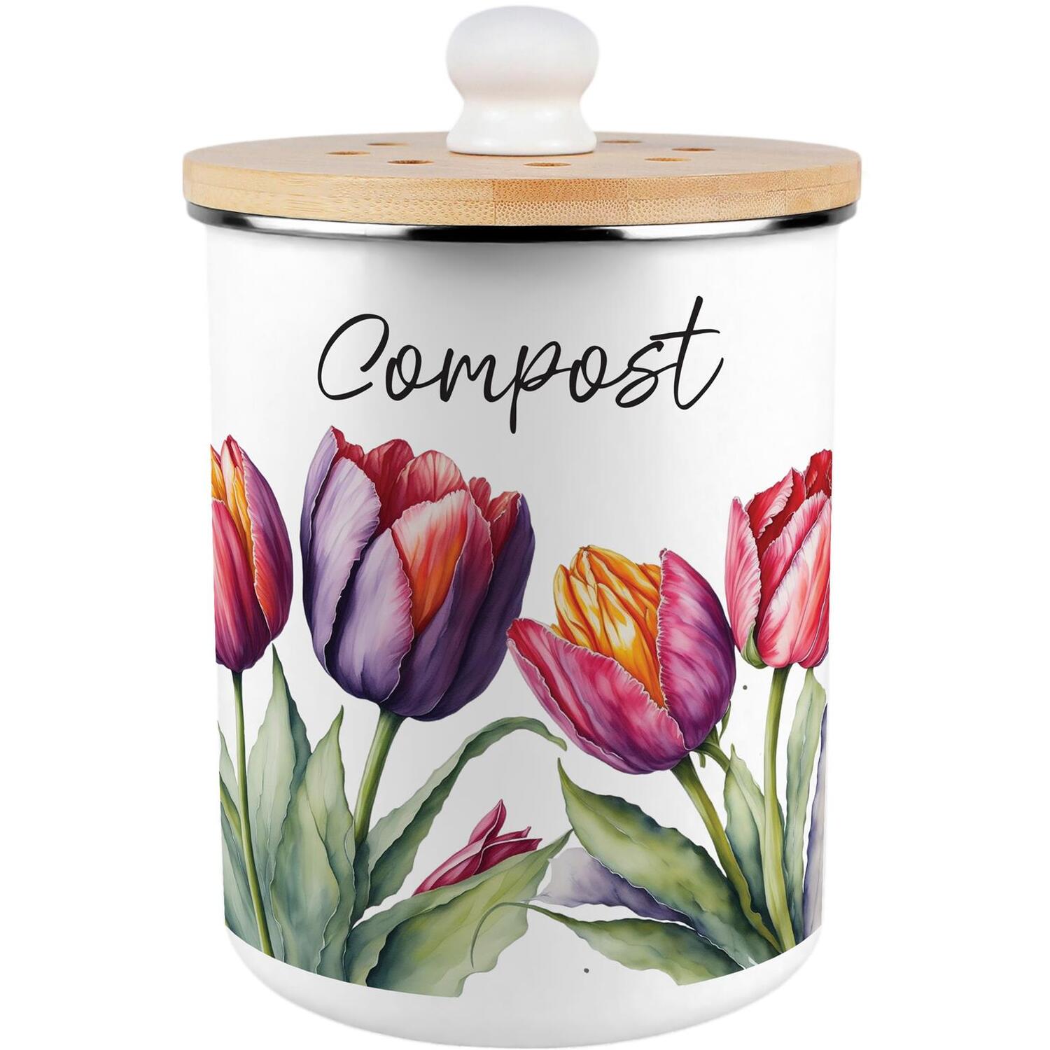Purely Home Tulips Compost Caddy - Metal 2L Decorative Kitchen Food Waste Bin - Purple