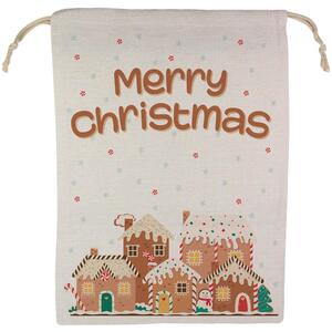 Gingerbread Houses Santa Sack - Large Linen-Style Xmas Gift Bag with Drawstring