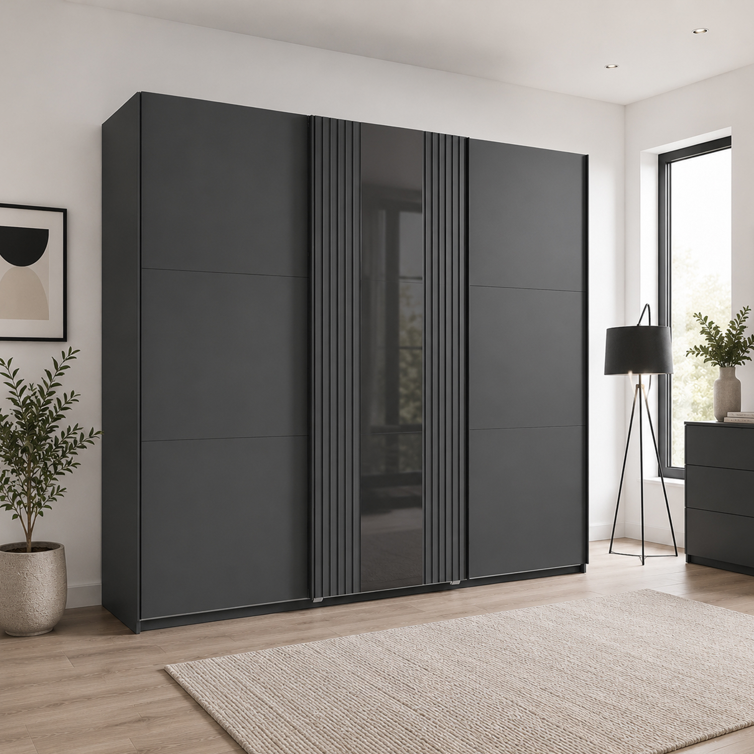 Kdmd Atlanta Graphite 300Cm Sliding Door Wardrobe With Mirror - Grey