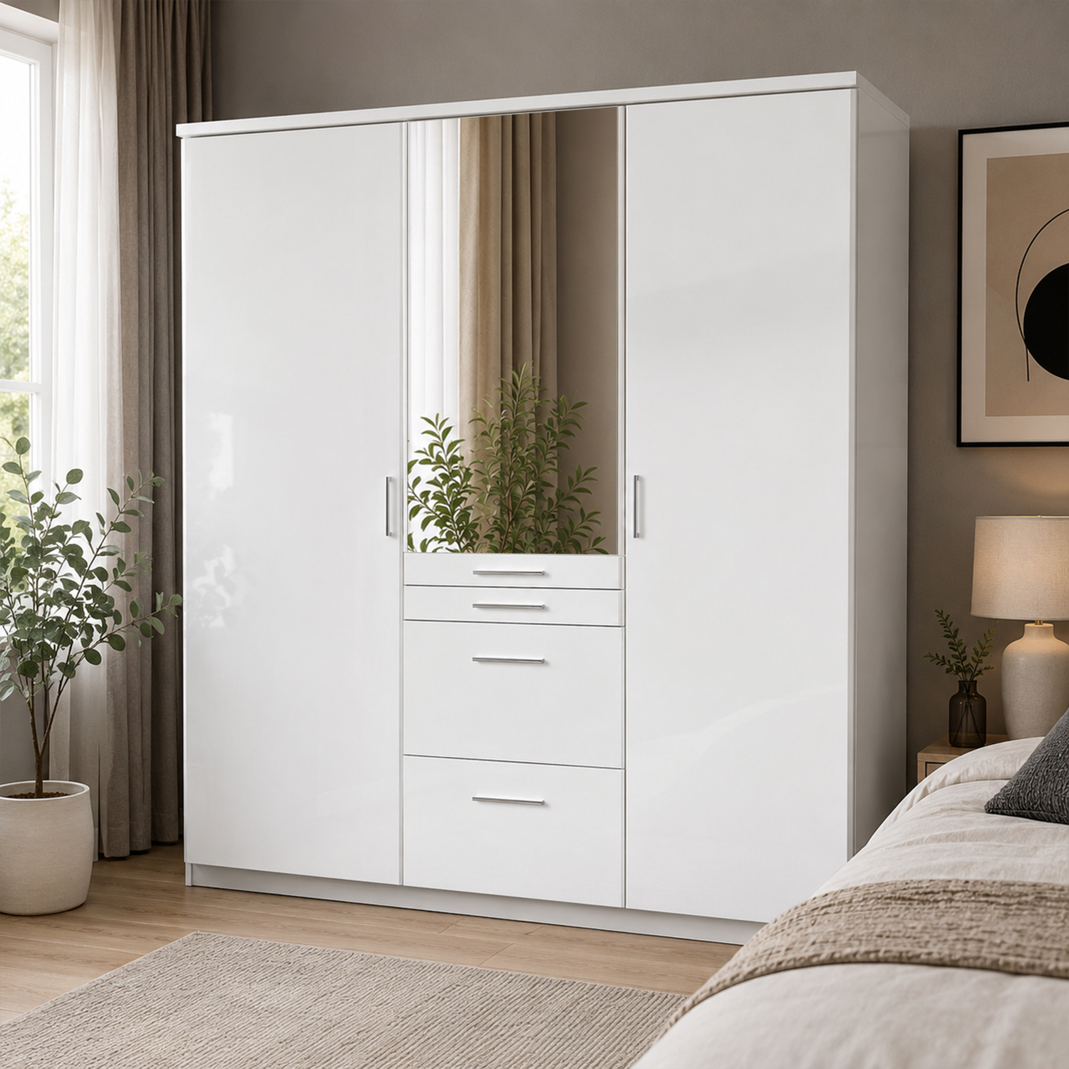 Kdmd Aachen White 3 Door 135Cm Wardrobe With Mirror - White