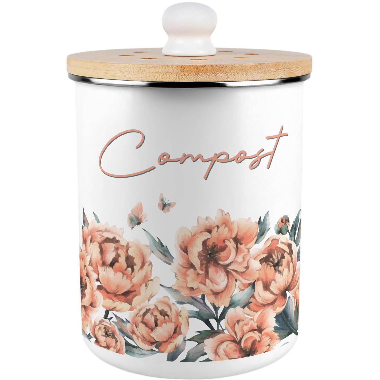 B&Q -  Peach Peonies Compost CaddyMetal 2L Decorative Kitchen Food Waste Bin - Image 3