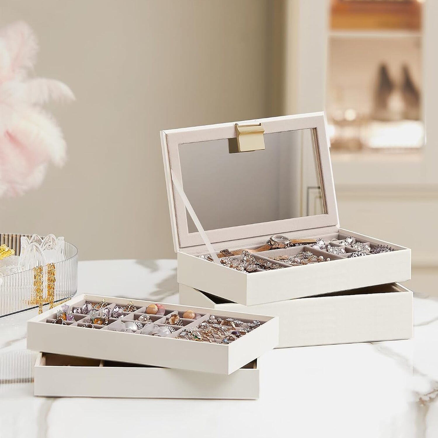SONGMICS Stackable Jewellery Trays, 4-Tier Jewellery Box - White