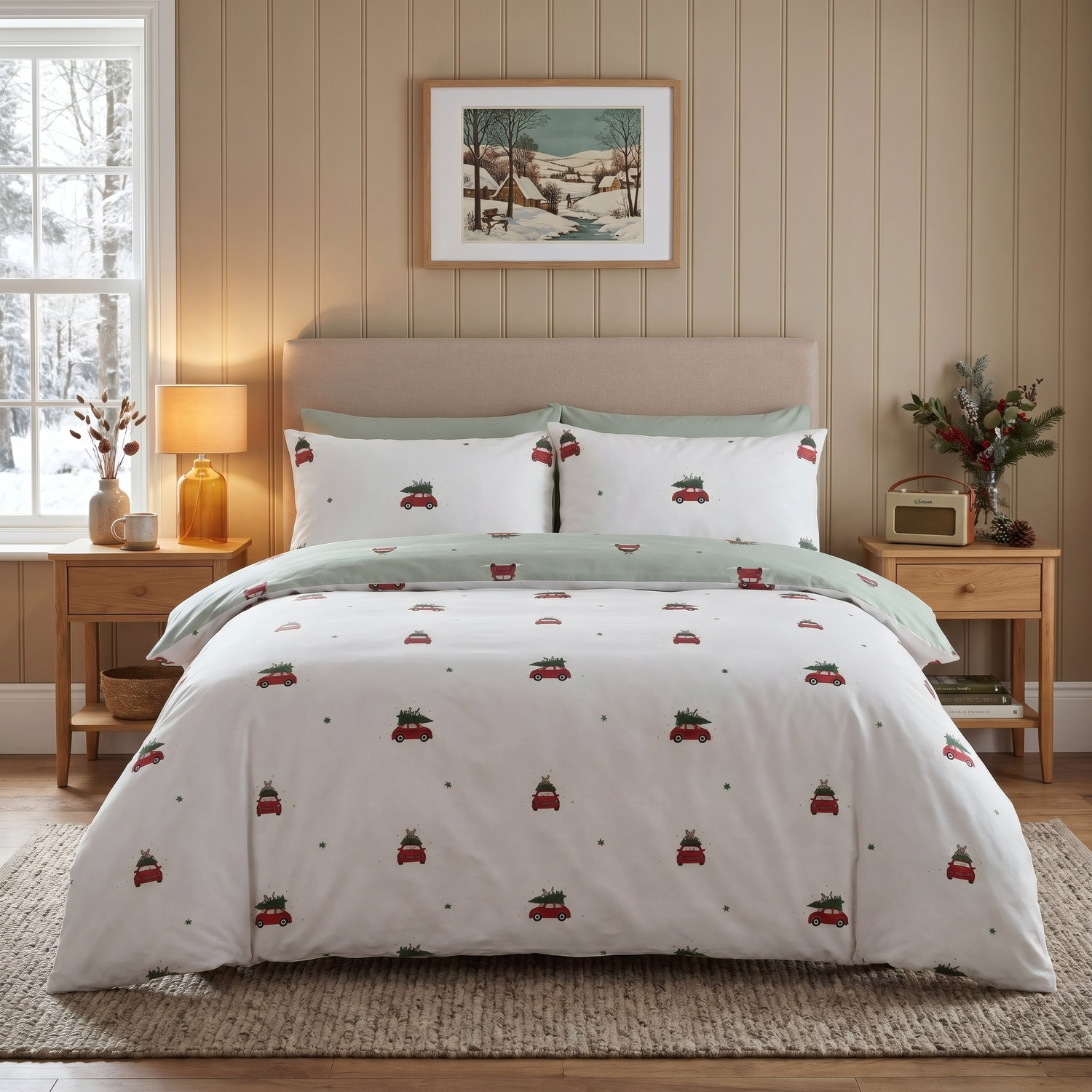 Rapport Home Driving Home Christmas Microfibre Reversible Duvet Cover Bedding Set in White | Size: Double