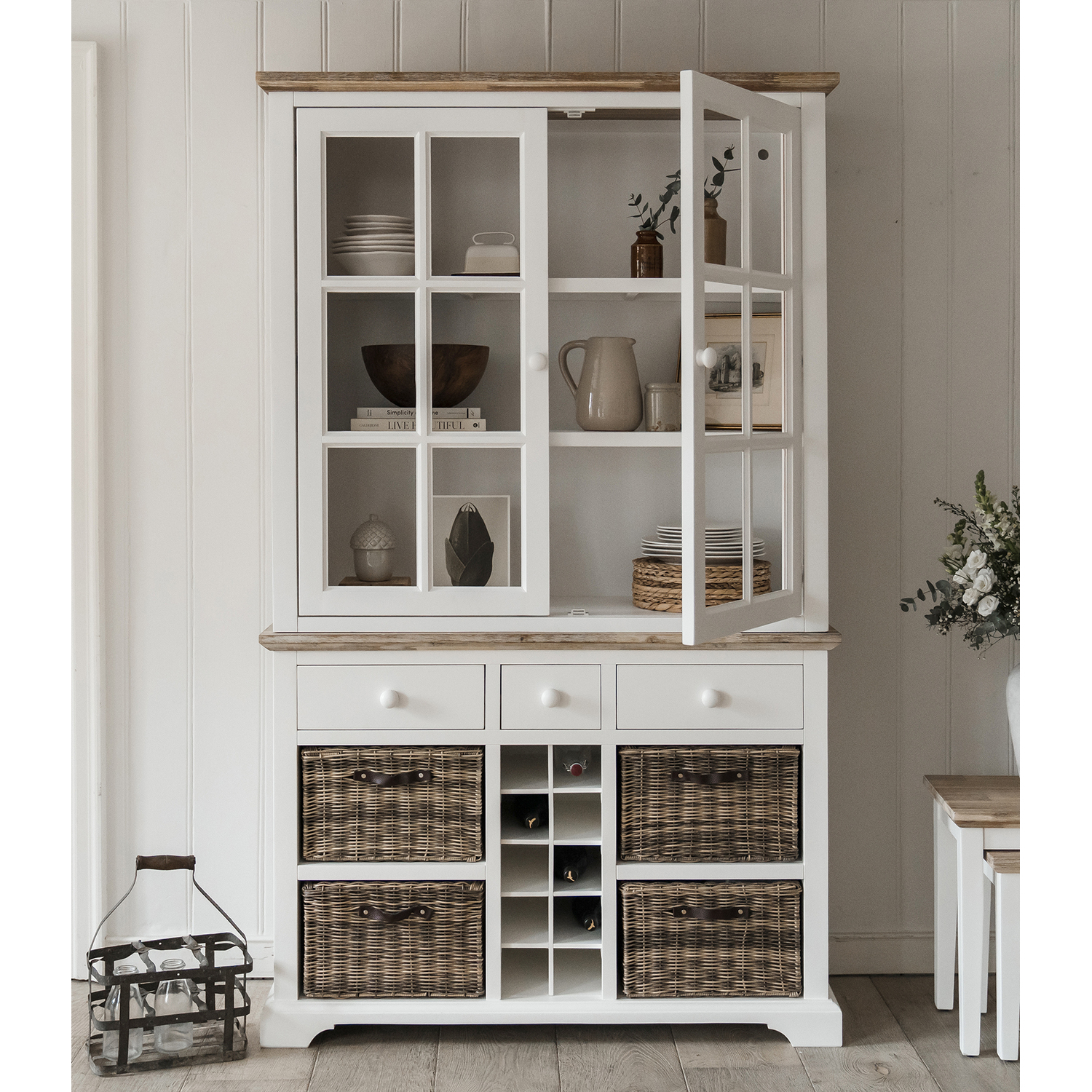 Statement Furniture Florence Glass Door Display Cabinet With Storage Baskets, Drawers And Wine Rack - White - White