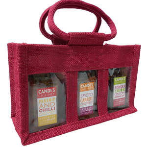 3 Jar Red Jute Bag with Handles for jam jars, chutneys and preserves