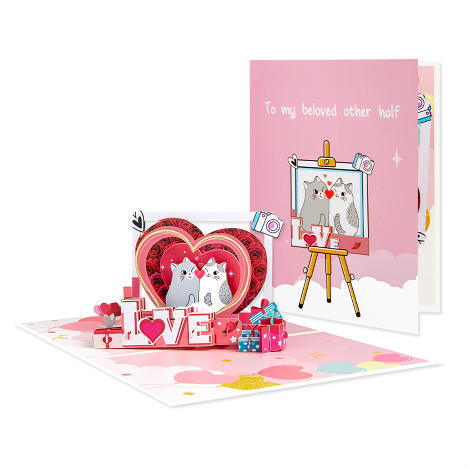 Brightfeel Romantic Cats In Heart Frame Love Design 3D Pop Up Greeting Card - Multi