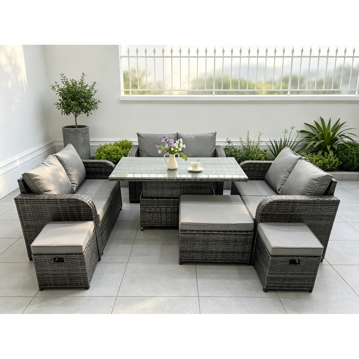 Fimous Unisex Dark Grey Rattan Garden Outdoor Furniture Pc Love Sofa Set Adjustable Rising Lifting Dining Table With Footstools In Size 3 - Image 2