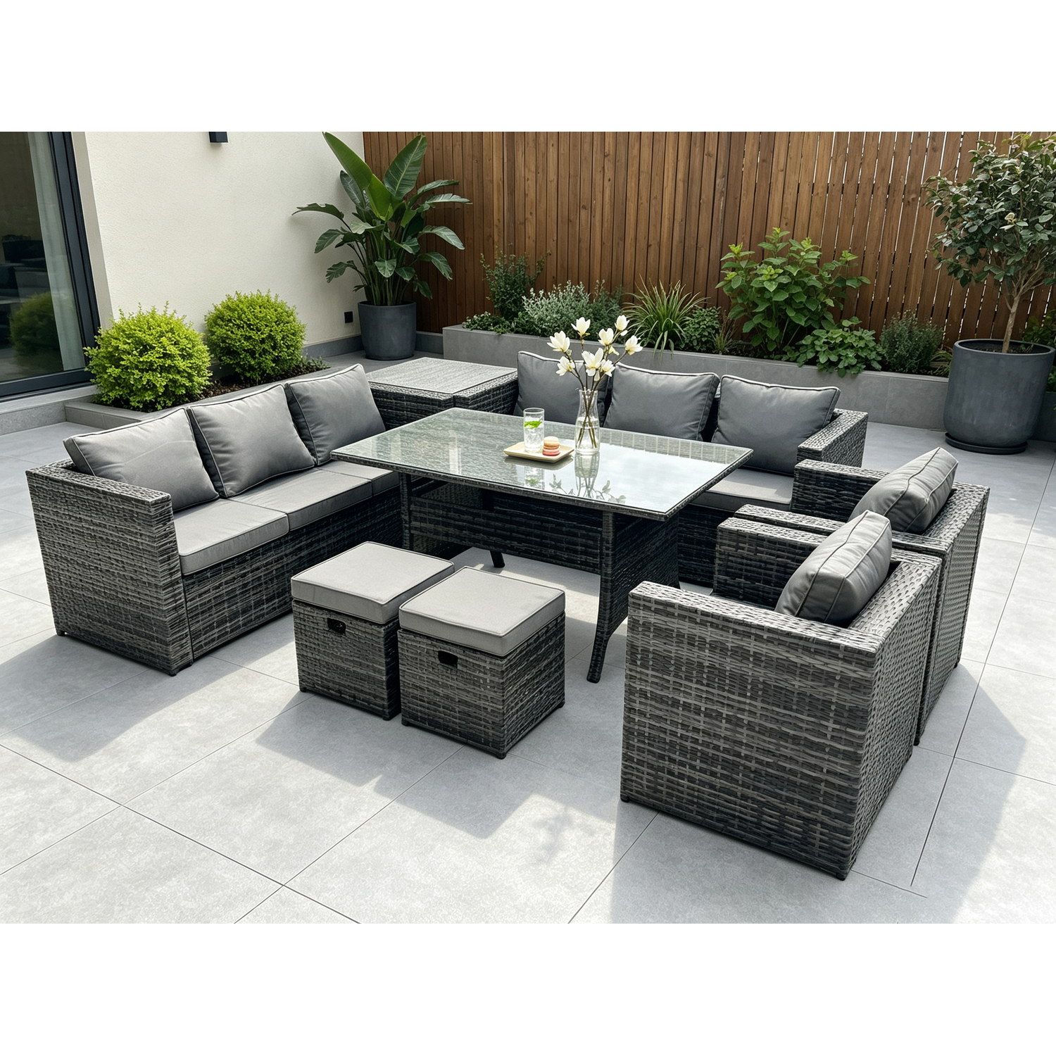 B&Q - Garden Furniture Rattan Lounge Sofa Set Patio Rectangular Dining Table With 2 Armchair Side Table 2 Footstool 10 Seater - Image 2