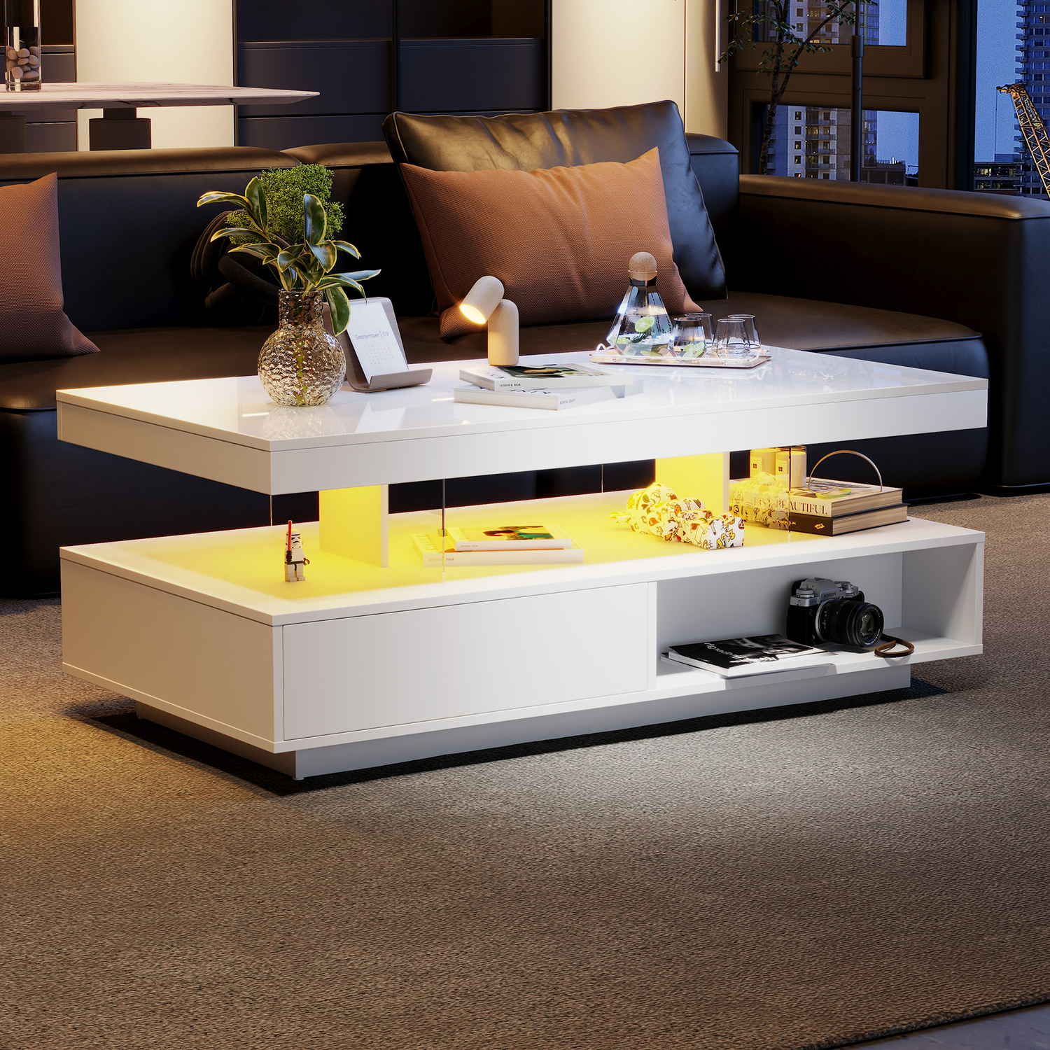 Aka Led Coffee Table With 2 Drawers, Open Storage And 16-Color Led Lights, White - White