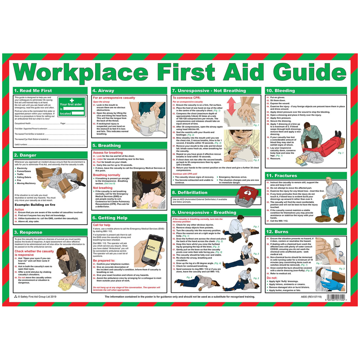 Pegdev Workplace First Aid Laminated Poster A2 Landscape Health & Safety Guide