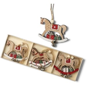 Set of 6 Wooden Rocking Horse Christmas Tree Decorations