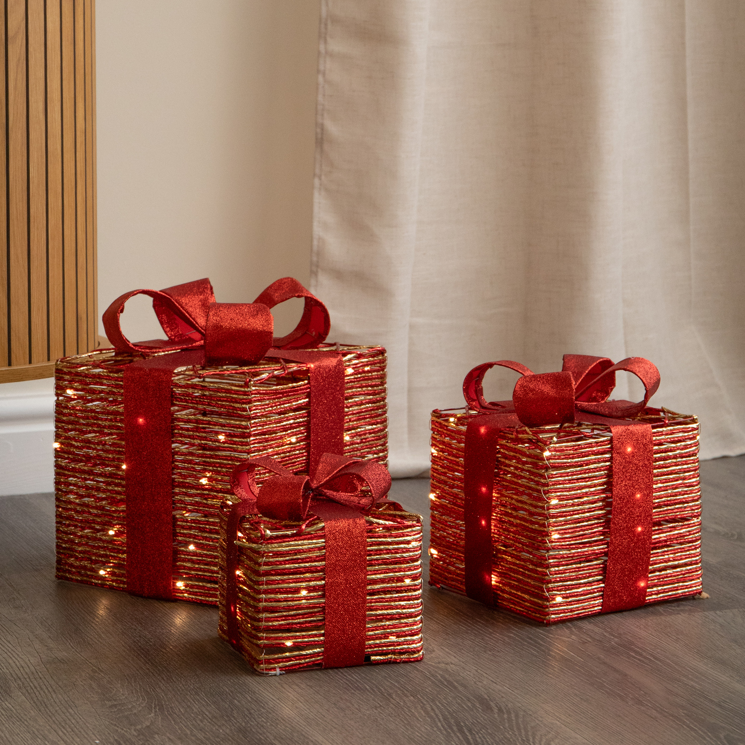 Red/Gold/Light Set Of 3 & Up Christmas Parcel Gift Boxes With 90 Warm White Leds - Image 2
