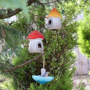 Orange Mushroom Bird House Garden Ornament