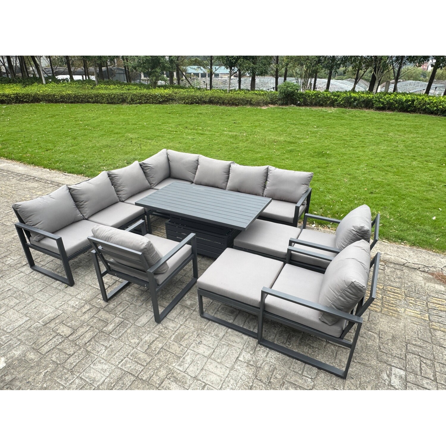 B&Q - 12 Seater Aluminium Sofa Set 11 Pieces Outdoor Garden FurnitureRising Dining Table With Cushions 3 Chairs Footstool - Image 2