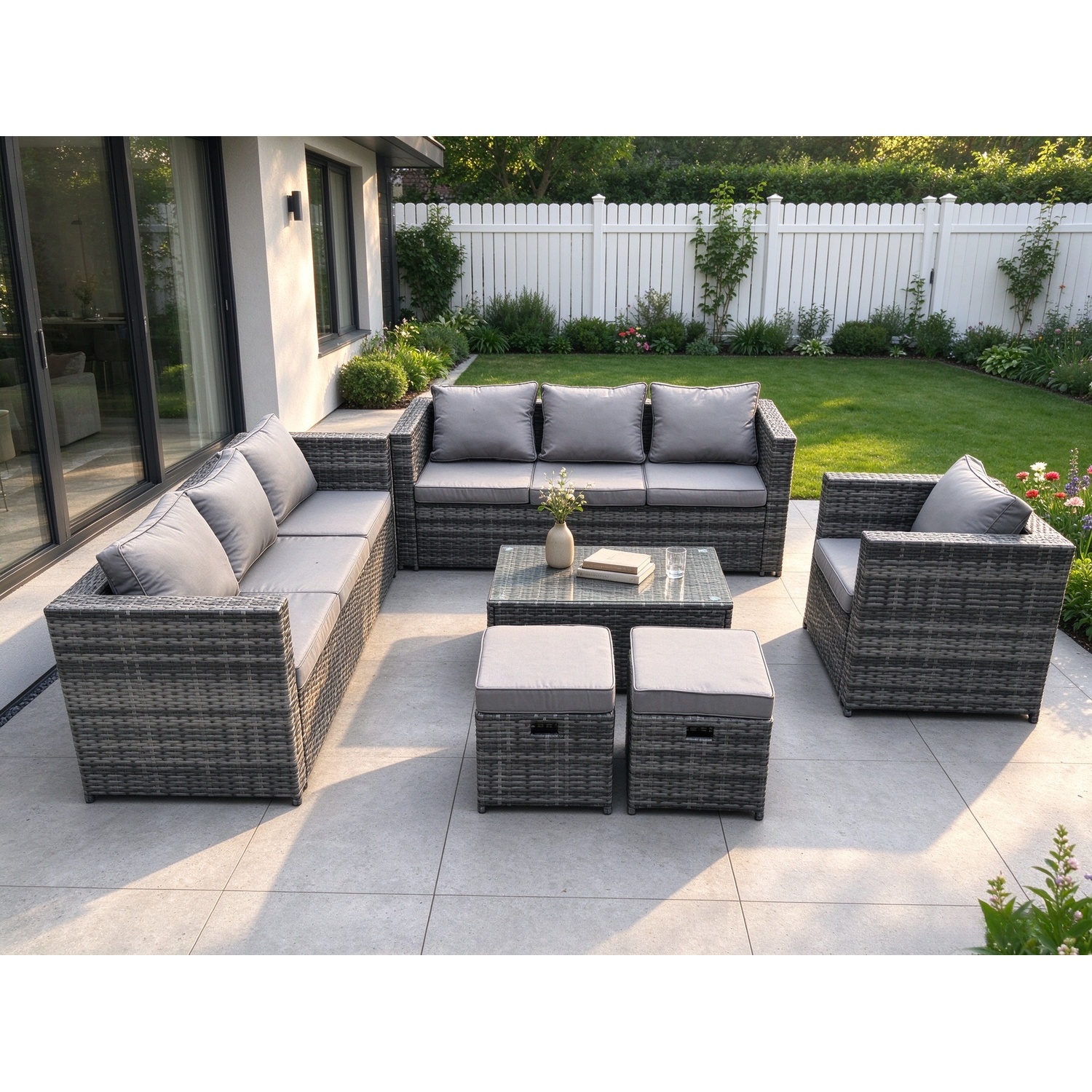 Fimous Wicker Pe Rattan Sofa Set Outdoor Patio Garden Furniture With Armchair Oblong Coffee Table 2 Small Footstools - Image 2