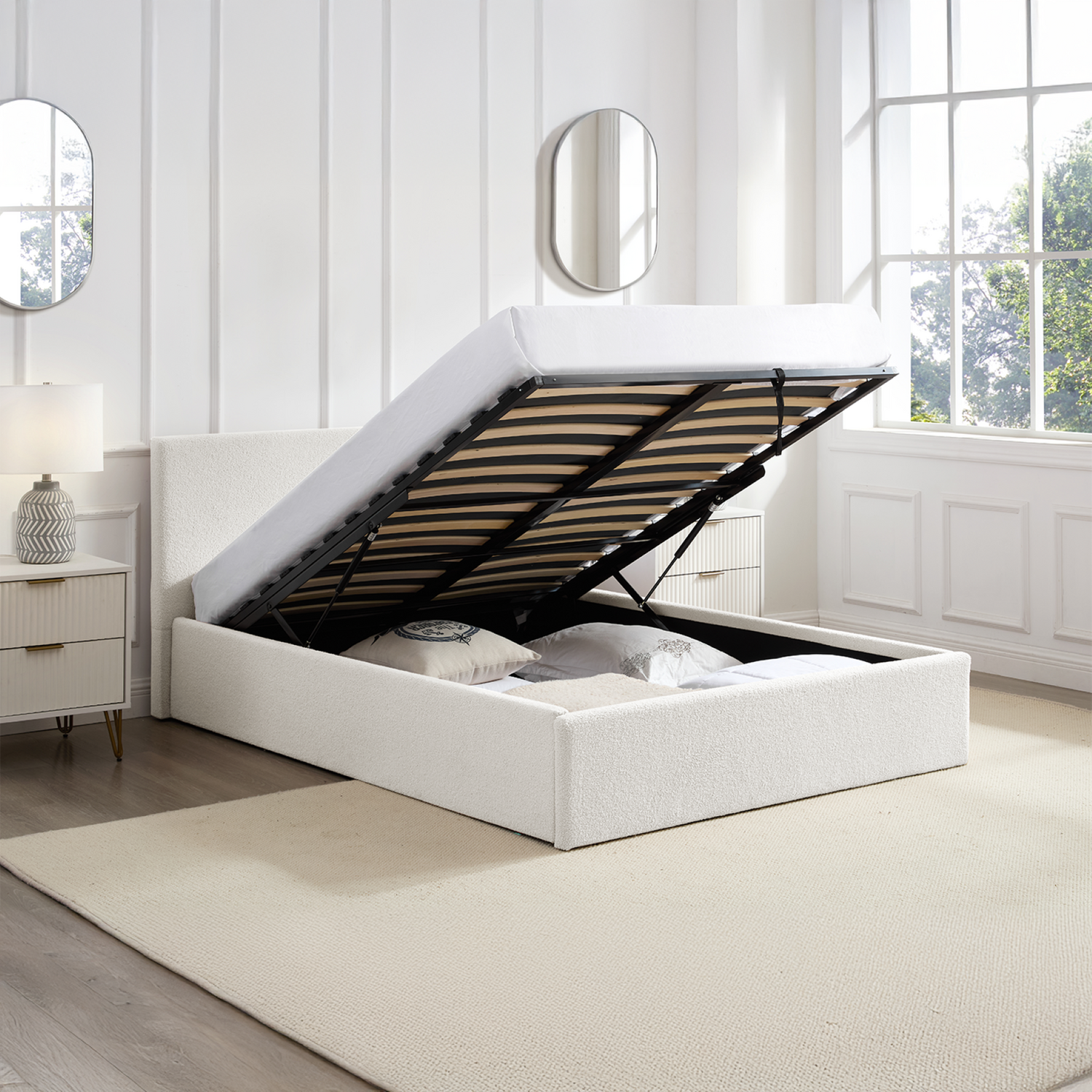 5FT Kingsize Pneumatic Lift Bed White Fabric Frame TEDDY BOUCLE - Image 6