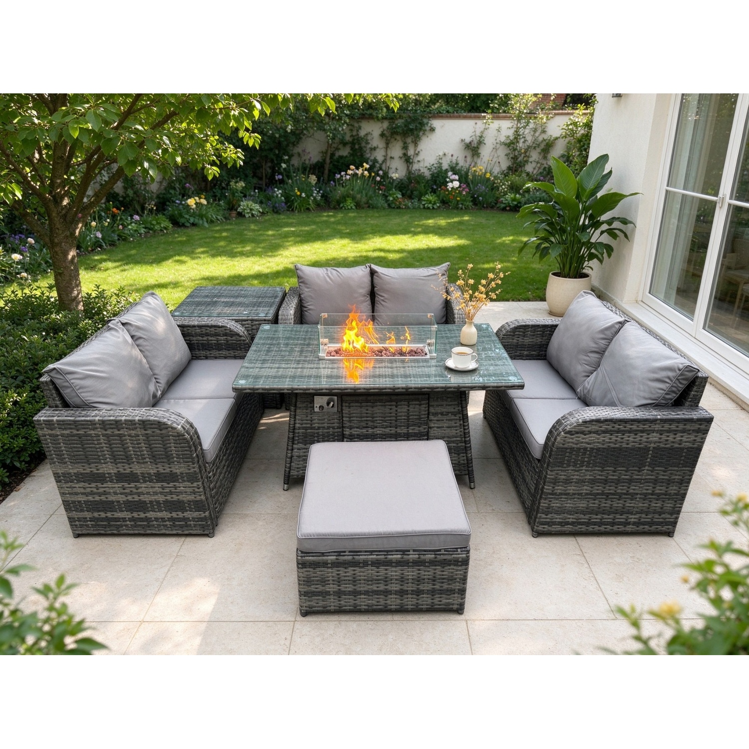 Fimous Dark/Grey Rattan Outdoor Garden Furniture Sofa Set Gas Fire Pit Dining Table Gas Heater With Side Table Love Sofa Big Footstool Mixed - Image 2