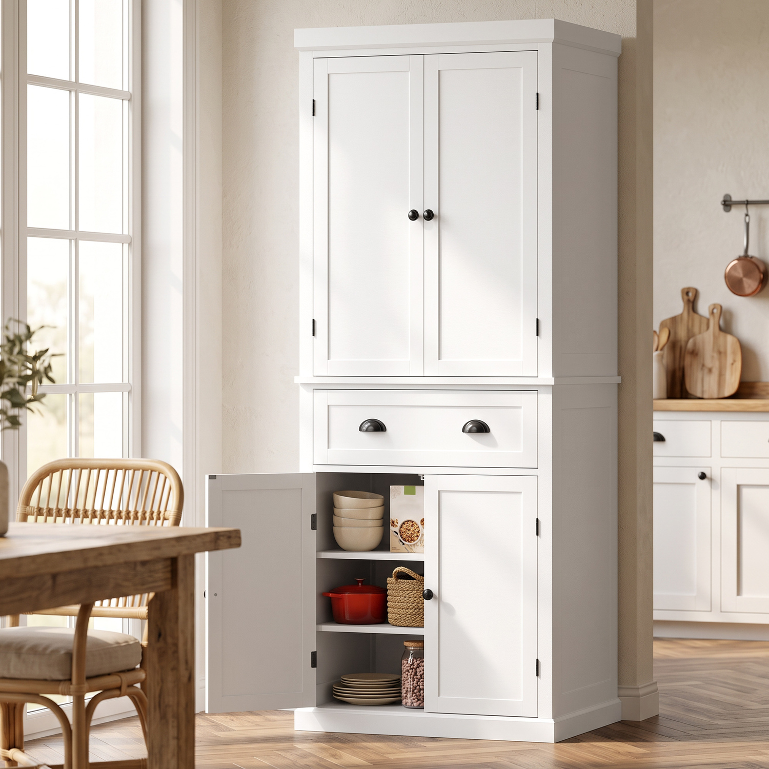 Homcom Unisex White Tall Kitchen Cupboard, 183Cm Freestanding Storage Cabinet With Drawer In - Image 3