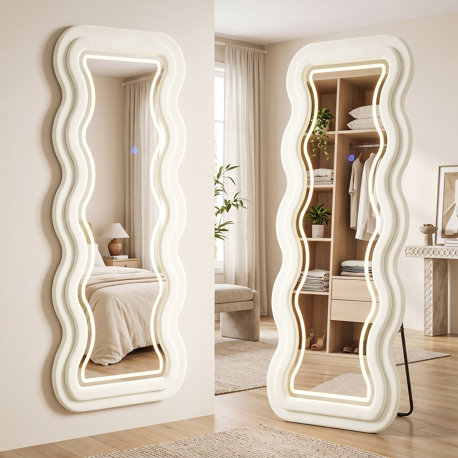 Homcom Full Length Mirror, 160 X 60 Cm Velvet Wall Standing Mirror, Cream, Cream - Image 3