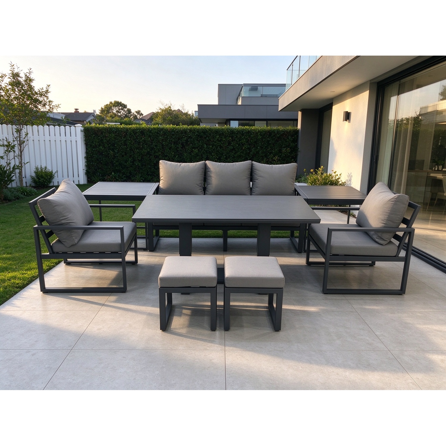 Fimous Outdoor Aluminium Garden Furniture Set With Adjustable Rising Lifting Dining Table 2 Chair 2 Small Footstools 2 Side Tables Dark Grey - Image 3