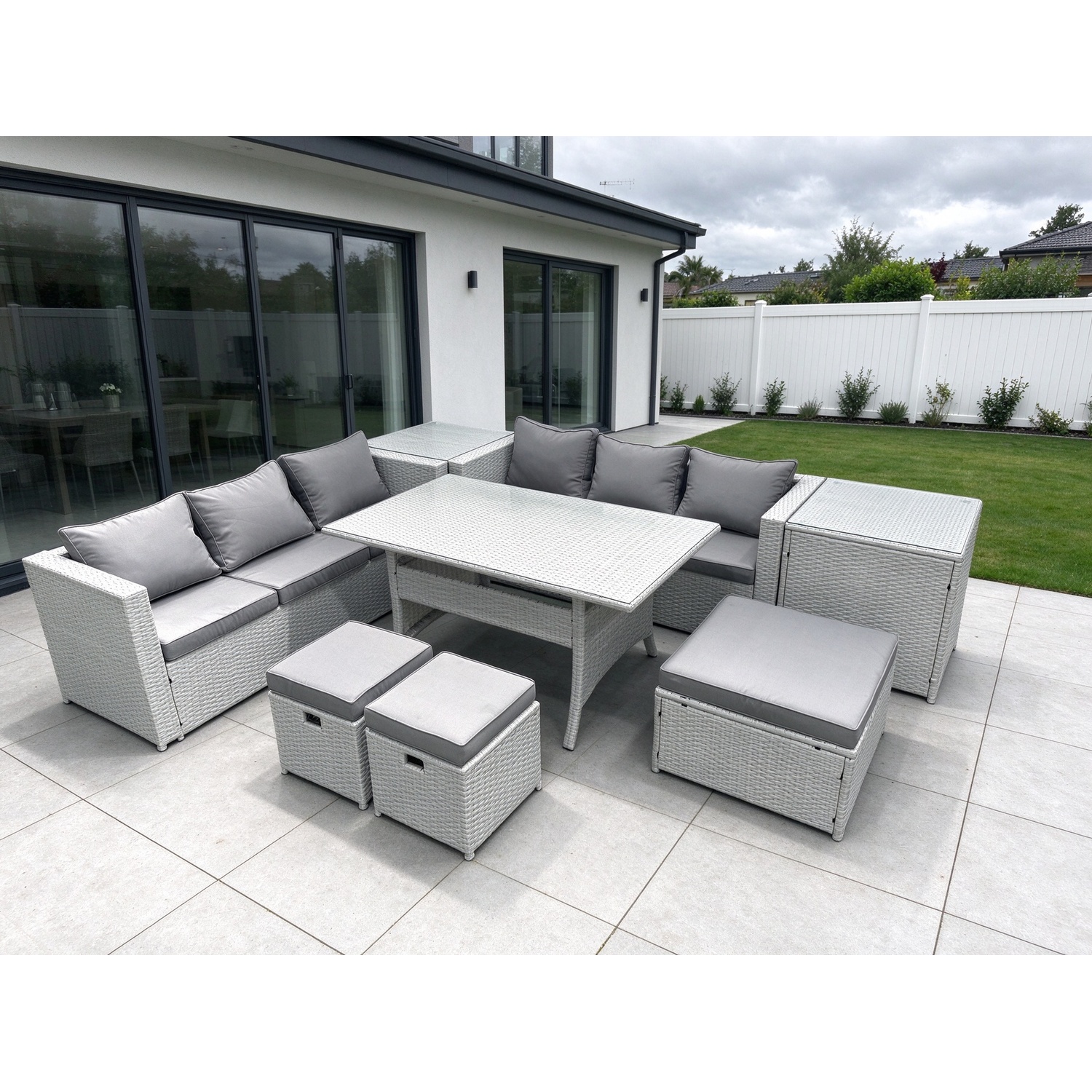 B&Q - Rattan Garden Furniture Set 9 Seater Outdoor Sofa Set Dining Table 2 Side Tables 3 Stools Light Grey - Image 2
