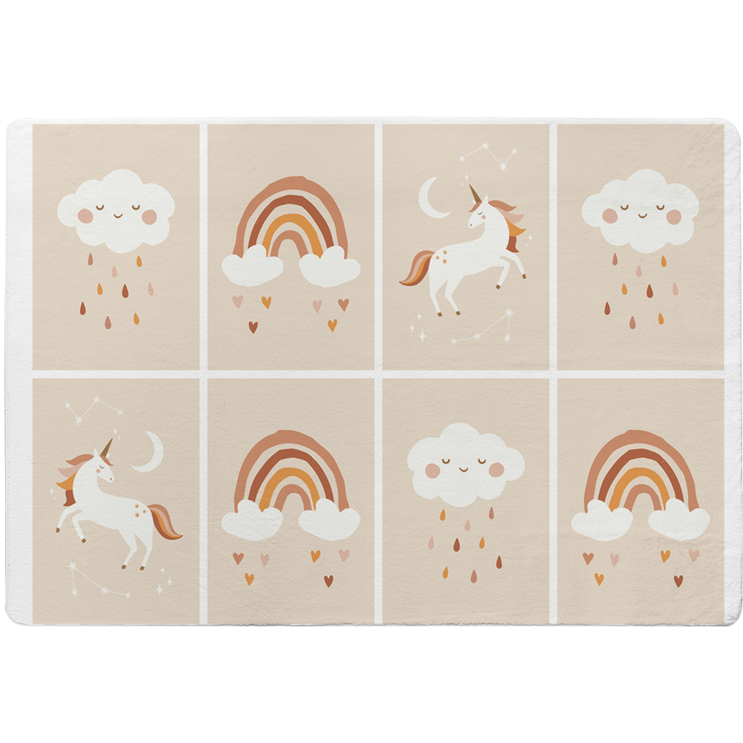 Cute Hand Drawn Unicorn, Rainbow And Cloud Designer Rug - Brown / 150cm