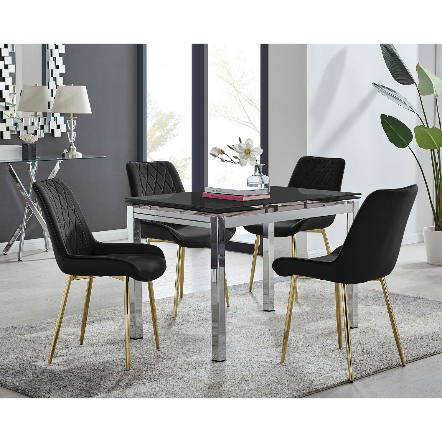 FurnitureboxUK - Enna Extending Dining Table With Four Pesaro Gold Leg Chairs - Black thumbnail