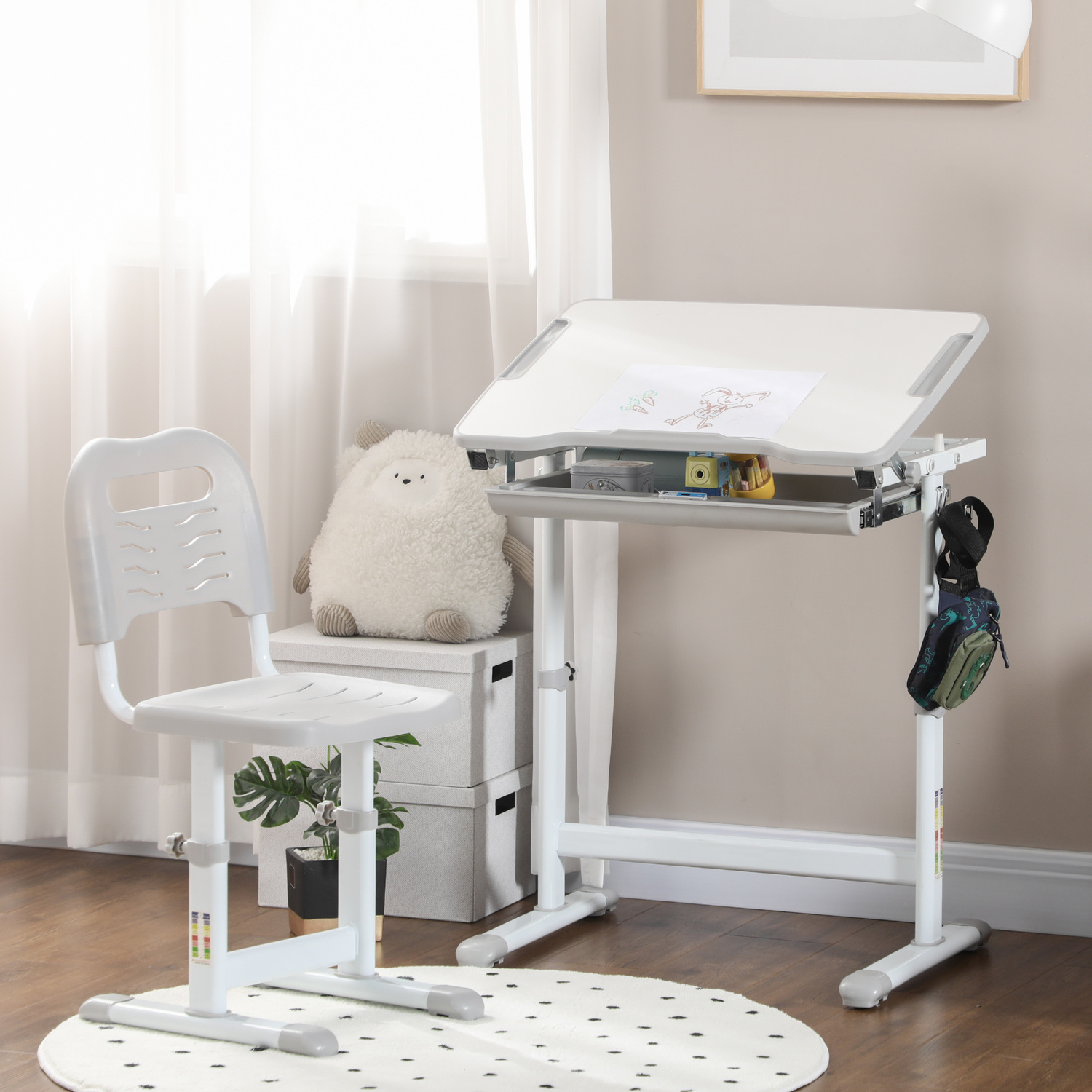Zoomie Kids Qaba Height-Adjustable Kids Desk & Chair Set with Tilt Desktop & Storage