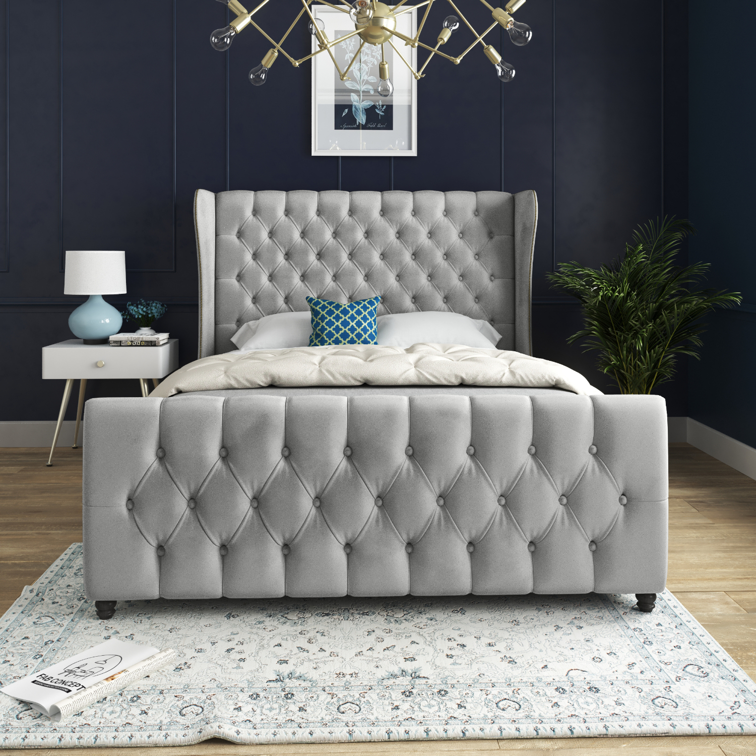 Donati Straight Curved Top Upholstered Soft Velvet Bed Frame - Grey King