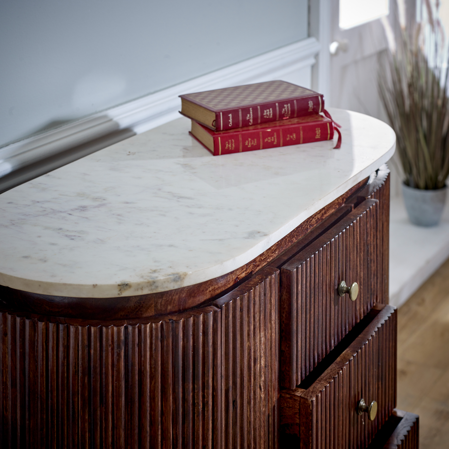 Ruby Mango Wood Wide Chest Of Drawers With Marble Top Metal Legs - Brown