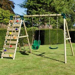 Wooden Double Swing Set with Baby Seat and Up and Climbing Wall - Kai