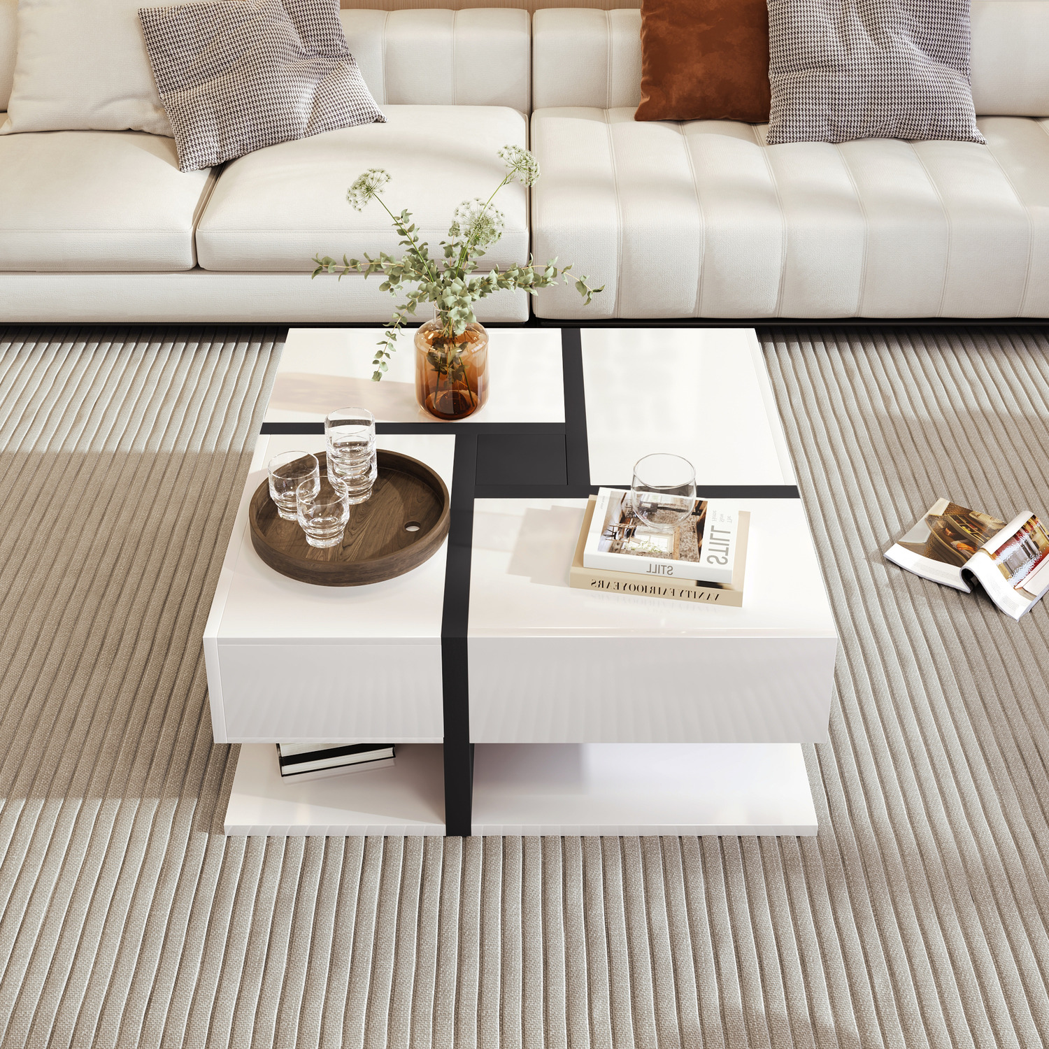 Modern Square Line Coffee Table - White Mdf Metal Wood