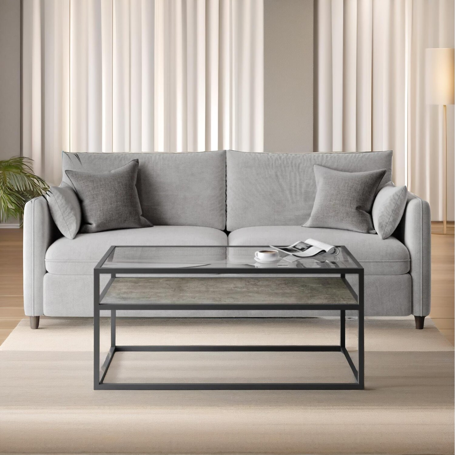Glass Top Coffee Table With Steel Frame - Concrete Concrete