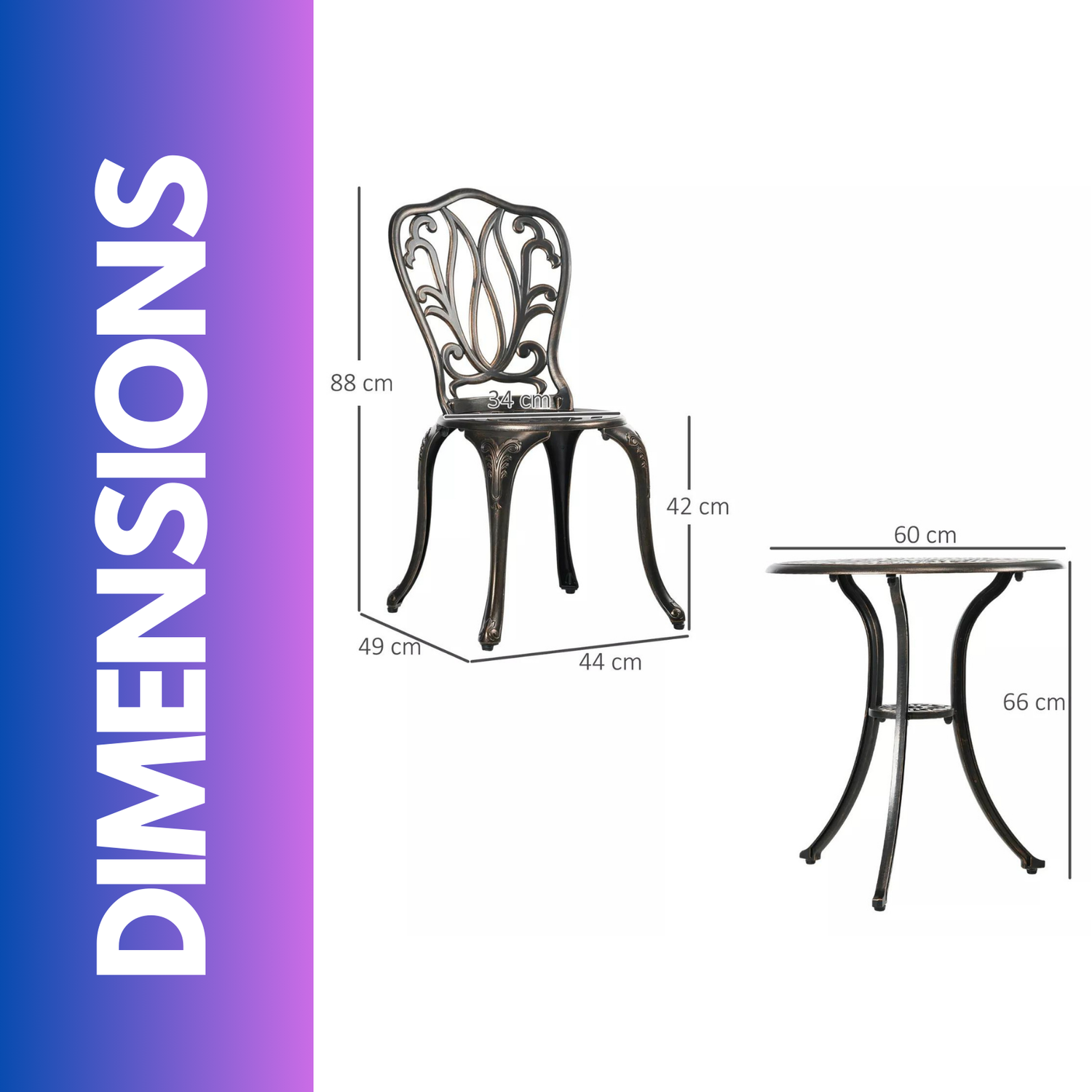 Set Of 3 Aluminium Bistro Table And Chair Bronze - Bronze