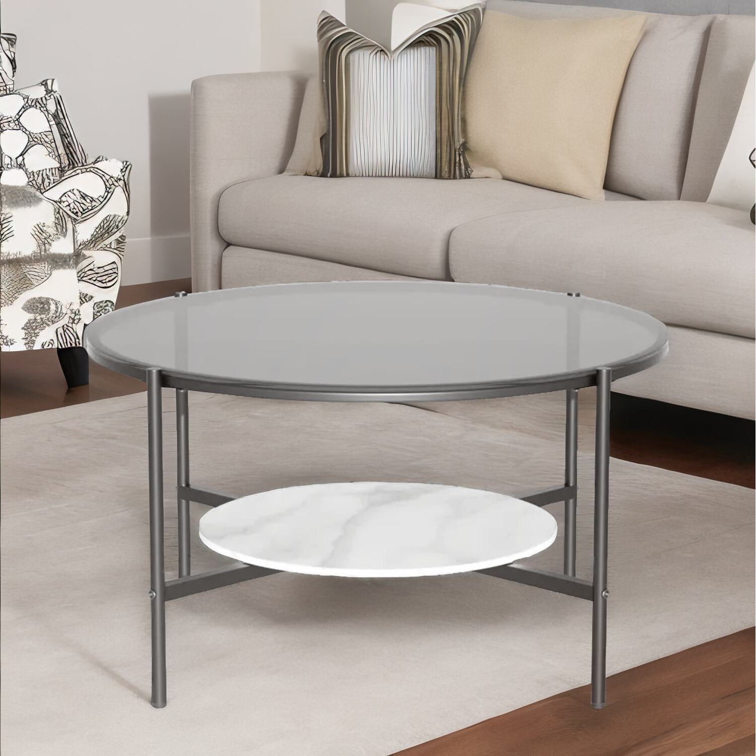 2 Tier Round Faux Marble Glass Coffee Table Heavy Duty - Black