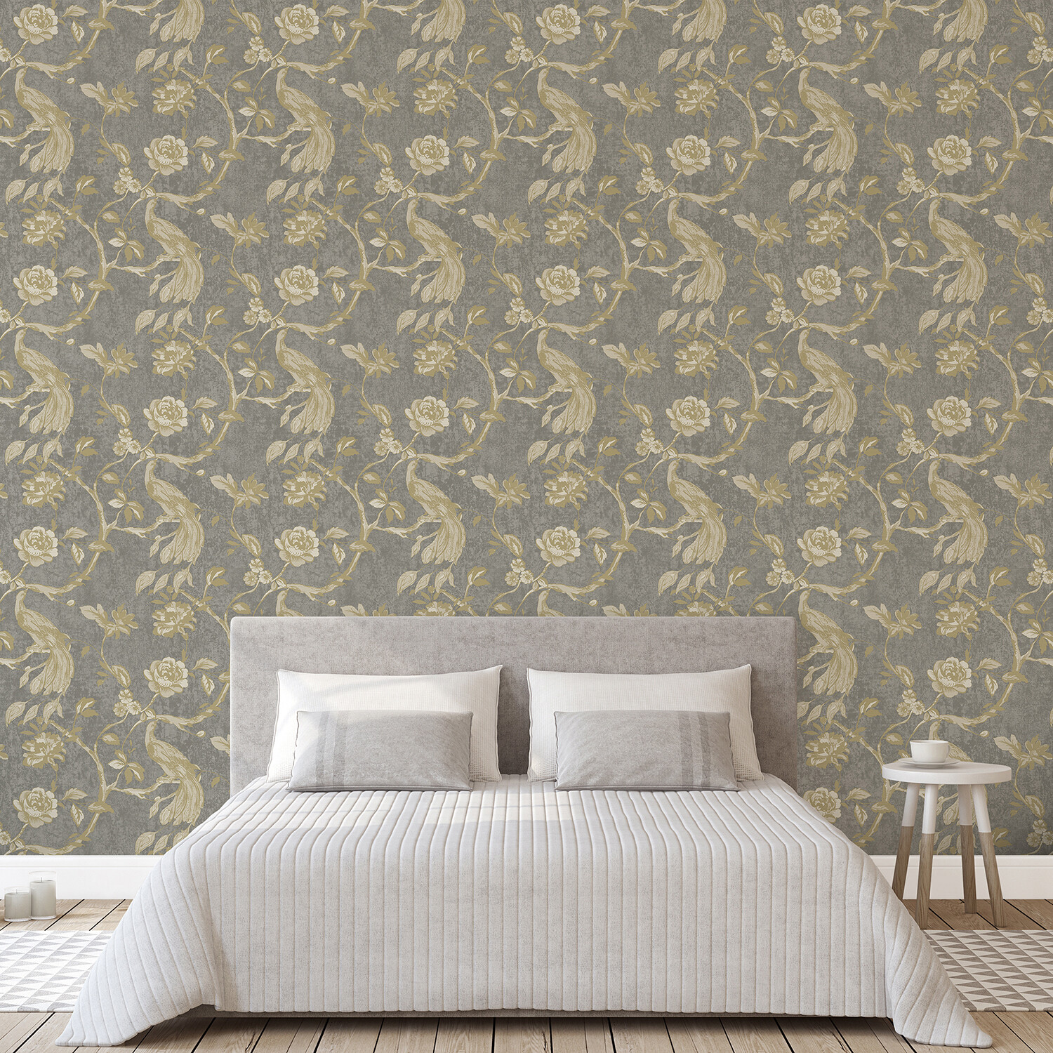 Charcoal Vinyl Wallpaper Paradise Birds Paste The Wall Grandeco Scrubbable - Image 2
