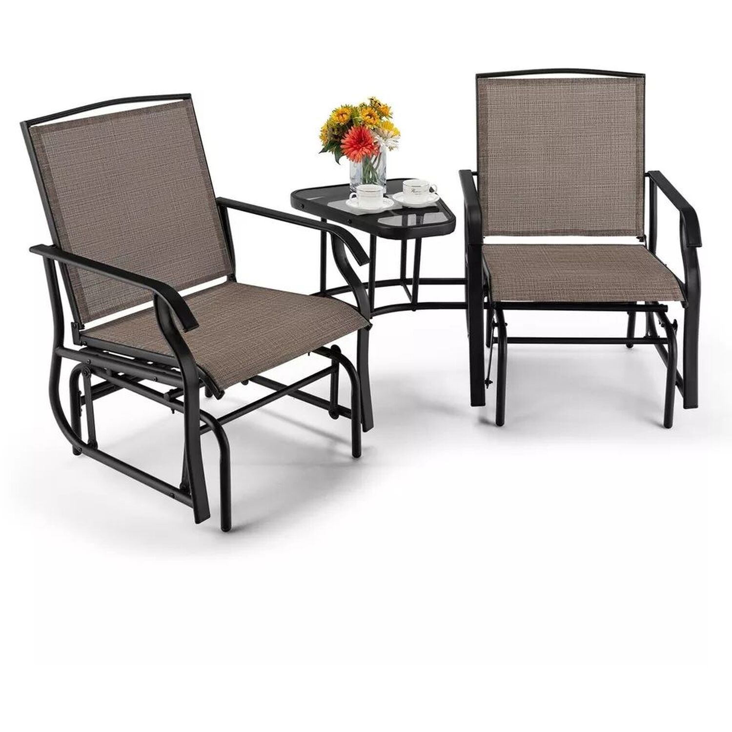 Rocking Garden Bistro Set Chair And Table With Hole For Umbrella - Brown