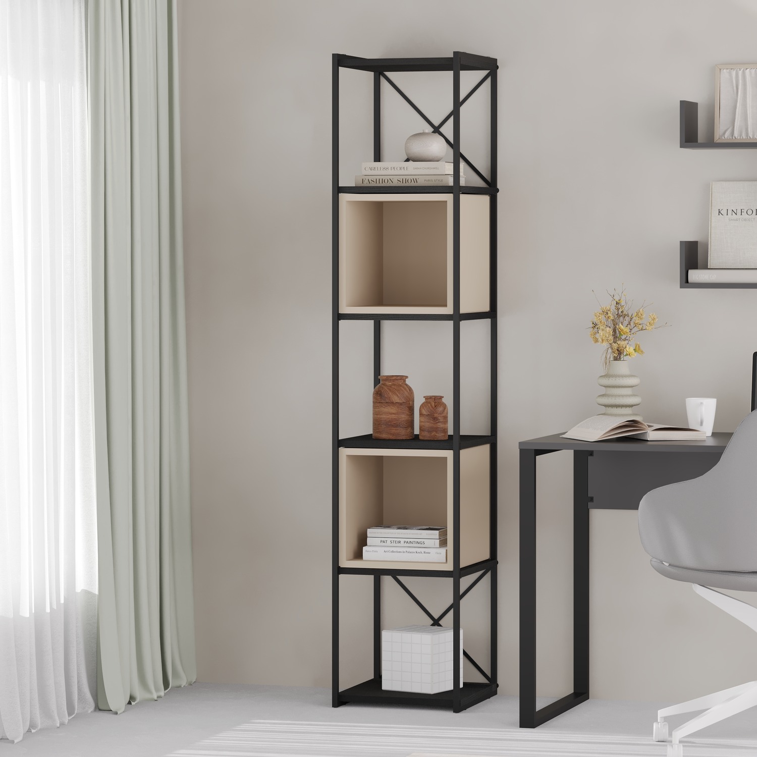 Decortie Vale Mini 18Mm Bookcase 5-Tier With Adjustable Shelves - Black Wood - Sandstone