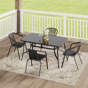 Rectangular Tempered Glass Garden Table with Four Rattan Chairs