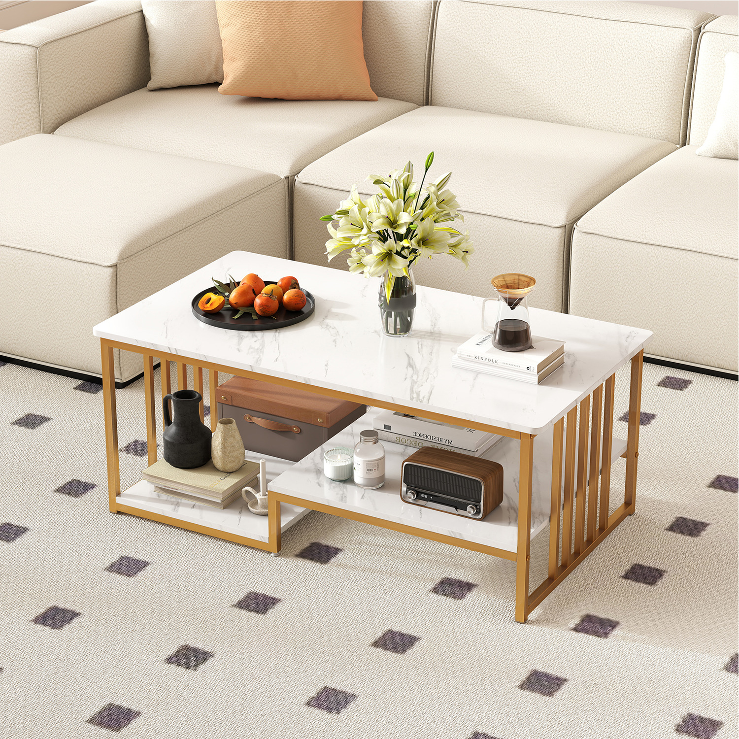 Faux Marble Coffee Table With Open Shelf - White