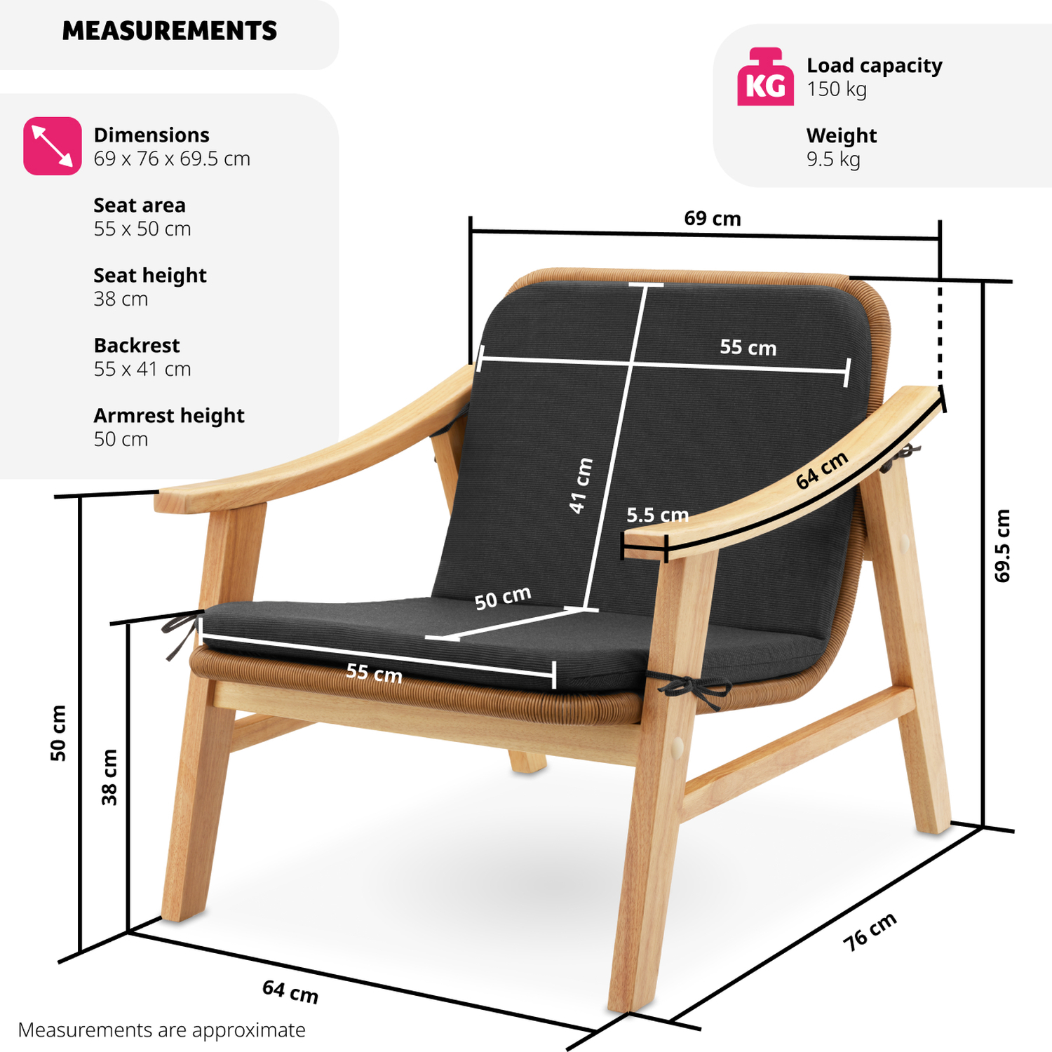 Rattan Garden Chair - Varnished Wooden Frame Lounge Armchair - Nature